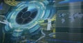 Image of scope scanning and binary coding over man wearing vr headset Royalty Free Stock Photo