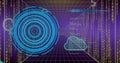 Image of scope scanning, cloud and data processing over purple background Royalty Free Stock Photo