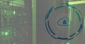 Image of scope scanning with cloud and padlock icon over server room Royalty Free Stock Photo