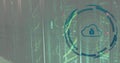 Image of scope scanning with cloud and padlock icon over server room Royalty Free Stock Photo