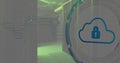 Image of scope scanning with cloud and padlock icon over server room Royalty Free Stock Photo