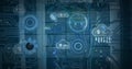 Image of scope scanning clouds, and data processing over cables in computer server Royalty Free Stock Photo
