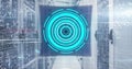 Image of scope scanning with data processing and mathematical equations over server room Royalty Free Stock Photo