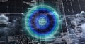 Image of scope scanning and data processing over clouds and grid in background Royalty Free Stock Photo