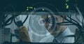 Image of scope scanning and data processing over man checking computer server Royalty Free Stock Photo