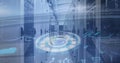 Image of scope scanning and data processing over tech room with computer servers Royalty Free Stock Photo