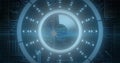 Image of scope scanning and digital data processing over dark background Royalty Free Stock Photo