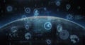 Image of scope scanning with icons and data processing over globe Royalty Free Stock Photo