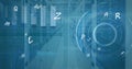 Image of scope scanning, numbers and statistics over computer servers Royalty Free Stock Photo