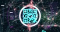 Image of scope scanning and qr code online security with network of connections in background