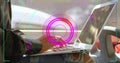 Image of scope scanning and shapes over caucasian woman using laptop in bus
