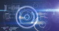 Image of scopes scanning and data processing over glowing purple background Royalty Free Stock Photo