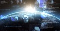 Image of scopes scanning and data processing on screens over globe with glowing horizon Royalty Free Stock Photo