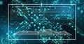 Image of screen with computer language and graphs over electronic circuit board pattern Royalty Free Stock Photo