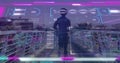 Image of screens with data processing over african american woman running