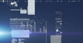 Image of screens with statistical data processing against light spot on blue background Royalty Free Stock Photo