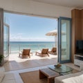 Sea view living room of luxury beach house with glass door and wooden terrace Large white sofa against blue wall near TV Royalty Free Stock Photo