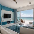 Sea view living room of luxury beach house with glass door and wooden terrace Large white sofa against blue wall near TV Royalty Free Stock Photo