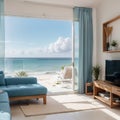 Sea view living room of luxury beach house with glass door and wooden terrace Large white sofa against blue wall near TV Royalty Free Stock Photo