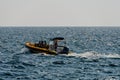 Seascape with a motor boat on the horizon