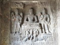 Image of a seated Buddha in meditation pose, flanked by Bodhisattvas Padmapani & Vajrapani, Aurangabad Cave 1, India