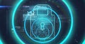 Image of security pad lock over data processing over dark background