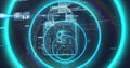 Image of security pad lock over data processing over dark background