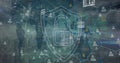 Image of security padlock icon and data processing over world mal and network of profile icons Royalty Free Stock Photo