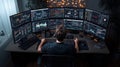 Businessman Crypto Trader Analyzing Stock Market Data on Multi-Monitor Displays