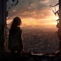 A girl looks down at a destroyed city