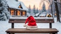 Christmas art card. Santa hat on a bench in the snow against the background of the Christmas winter forest. Royalty Free Stock Photo