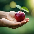 Hands holding a fresh red apple on blurred green background Royalty Free Stock Photo