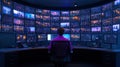 Policeman Entering Suspect\'s Data in Computer Database in Multi-Monitor Office Setup