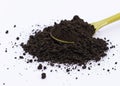 An image select focus isolated close-up heap dark coffee ground as roast dry for an instant on the yellow spoon is a hot drink Royalty Free Stock Photo