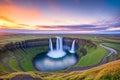 Seljalandsfoss waterfall at sunset, Iceland made with Generative AI