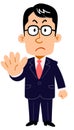 A serious businessman wearing glasses stops _ whole body