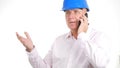 Image with a Serious Engineer Talking Business on Mobile Phone and Gesticulating Royalty Free Stock Photo