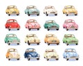 set of drawing cartoon retro cars isolated on a white vehicle.