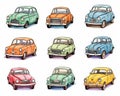 set of drawing cartoon retro cars isolated on a white vehicle.