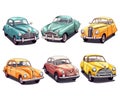 set of drawing cartoon retro cars isolated on a white vehicle.