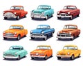 set of drawing cartoon retro cars isolated on a white vehicle.