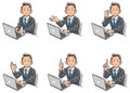 Set of six types of business man who turns his face to the front while operating a personal computer