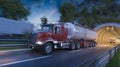 Image of Several Commercial Trucks Passing through a Tunnel at Dusk