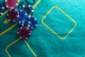 Image of several red dice falling on green table on background of multicolored spots Royalty Free Stock Photo