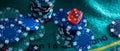Image of several red dice falling on green table on background of multicolored spots Royalty Free Stock Photo