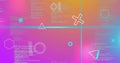 Image of shapes and blue scanner beams over data processing on soft pink and orange background Royalty Free Stock Photo