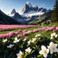 The sharp Alpine peaks of Mont Blanc with snow and glaciers soar above the sprin...