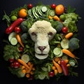 Image of sheep face made with vegetables and fruits on dark background. Farm animals