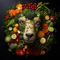 Image of sheep face made with vegetables and fruits on dark background. Farm animals