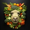 Image of sheep face made with vegetables and fruits on dark background. Farm animals